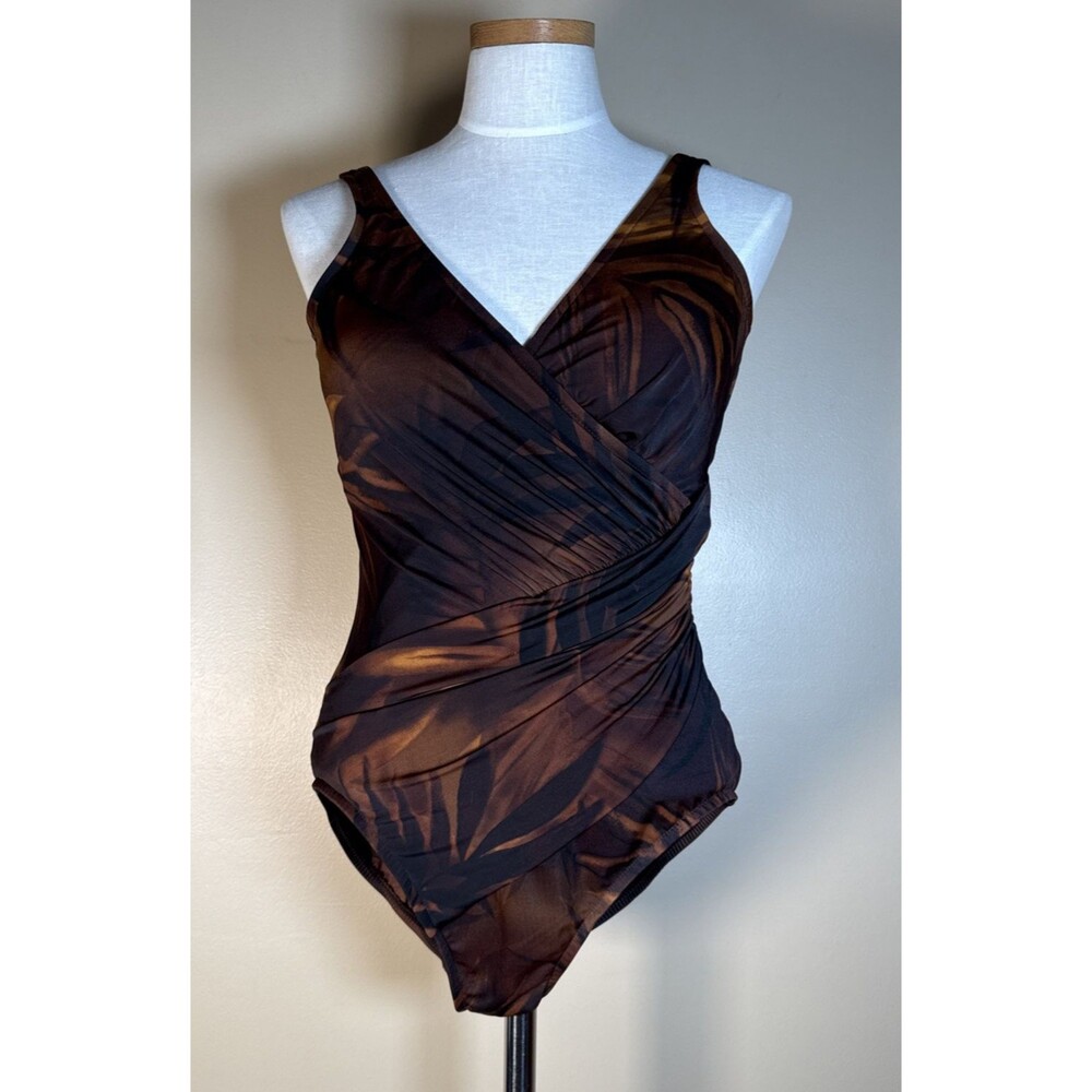 Miraclesuit One Piece Black Brown Sz 16 Criss Cross Leaf